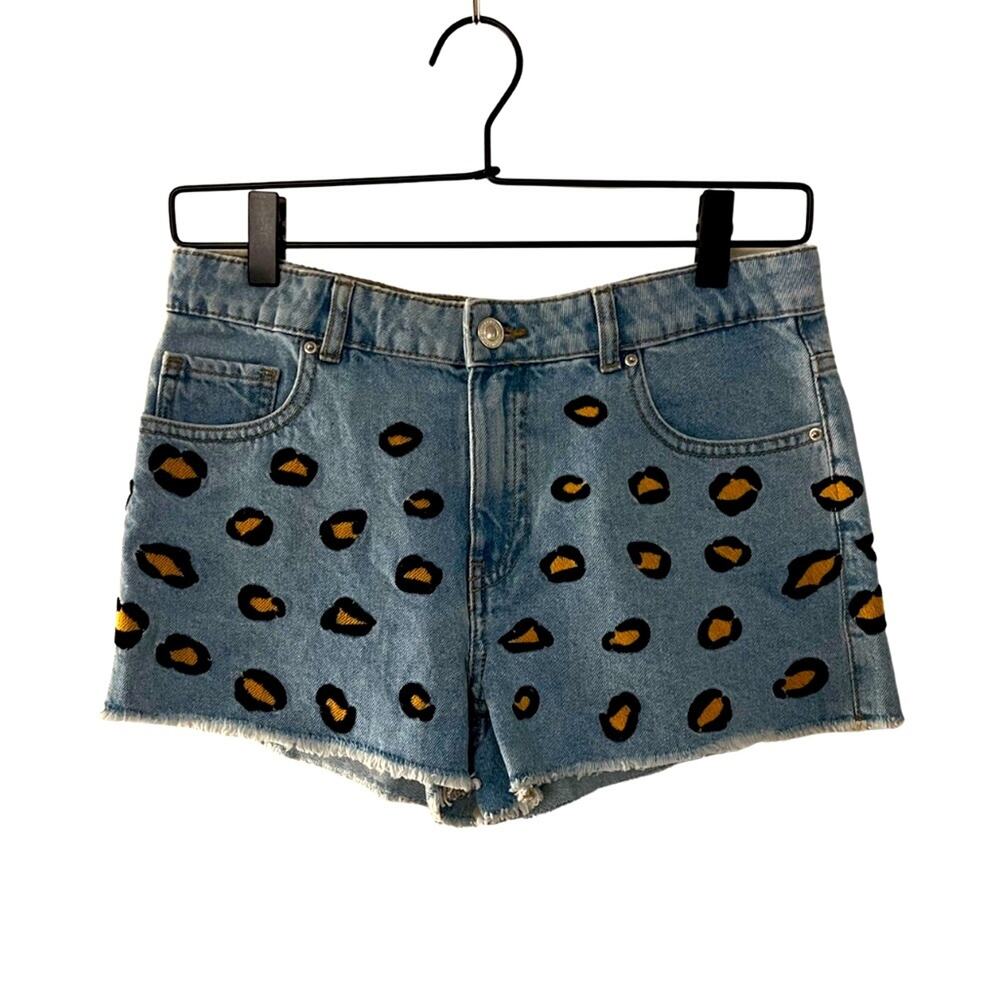 Zara Leopard Embroidered Denim Cut Off Shorts 13-14Y